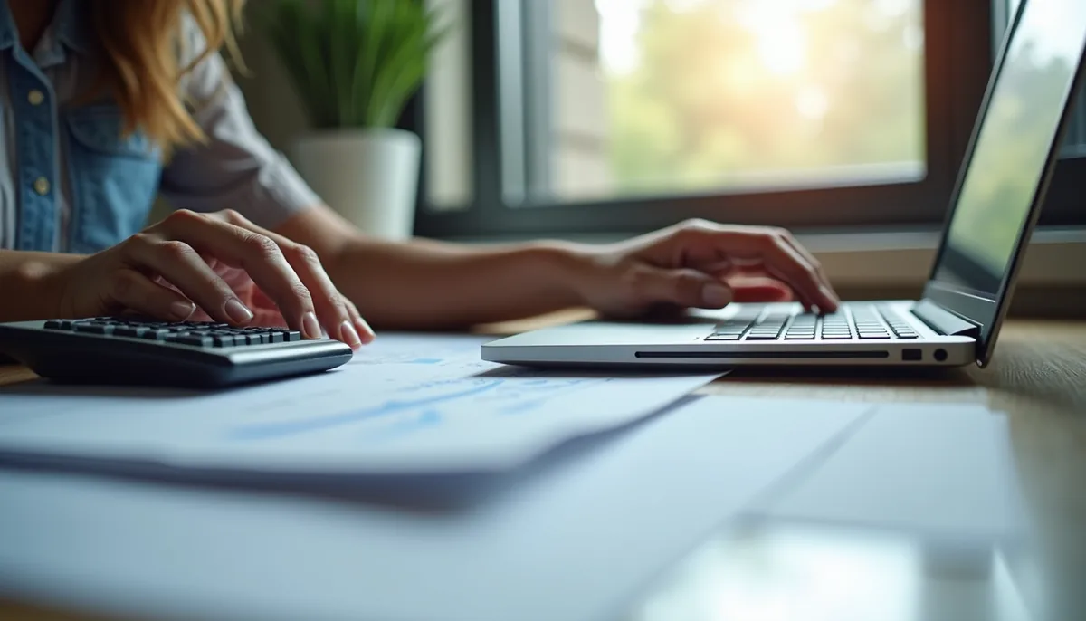Eye-level view of a professional FiscalFusion bookkeeper reviewing financial documents with a laptop