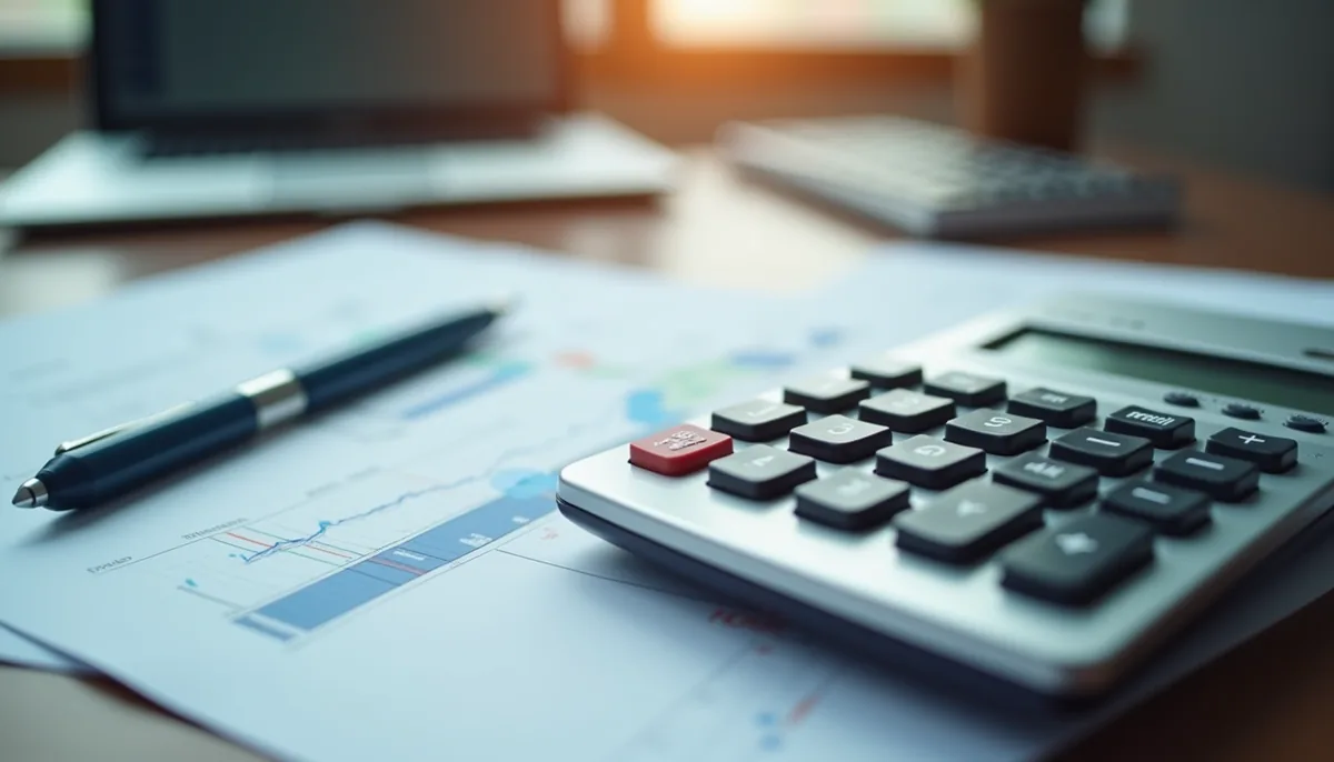 Eye-level view of a calculator and financial documents on a desk