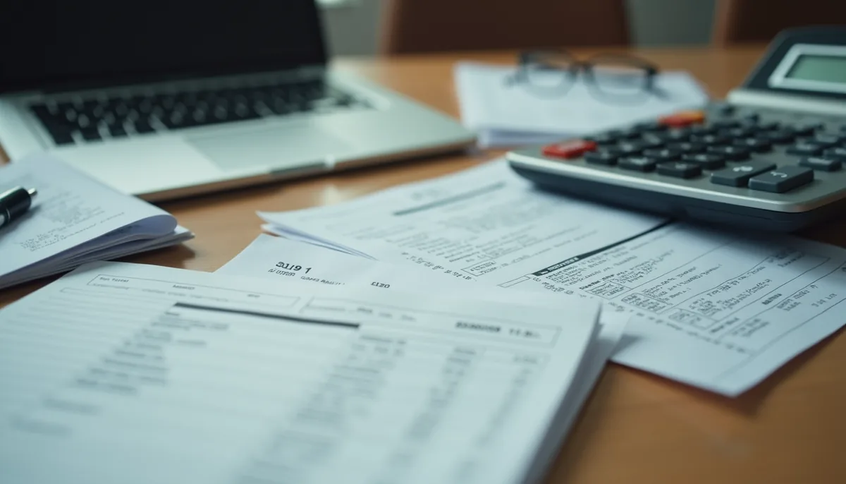 Close-up view of a cluttered desk with scattered receipts and a calculator. FiscalFusion specializes in helping small businesses untangle financial messes