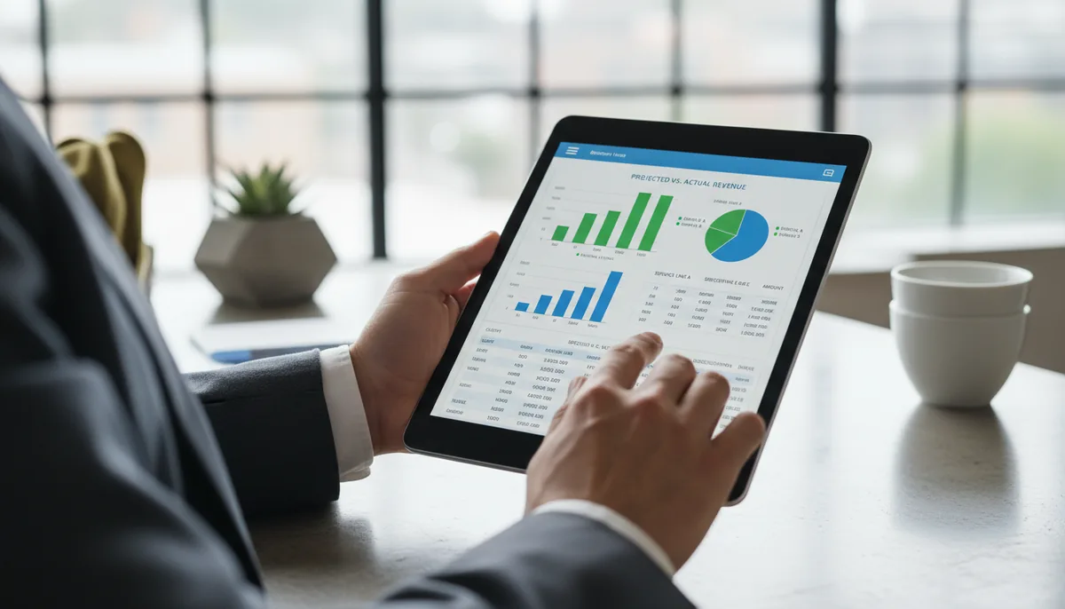 Close-up view of a financial consultant reviewing revenue recognition data on a tablet