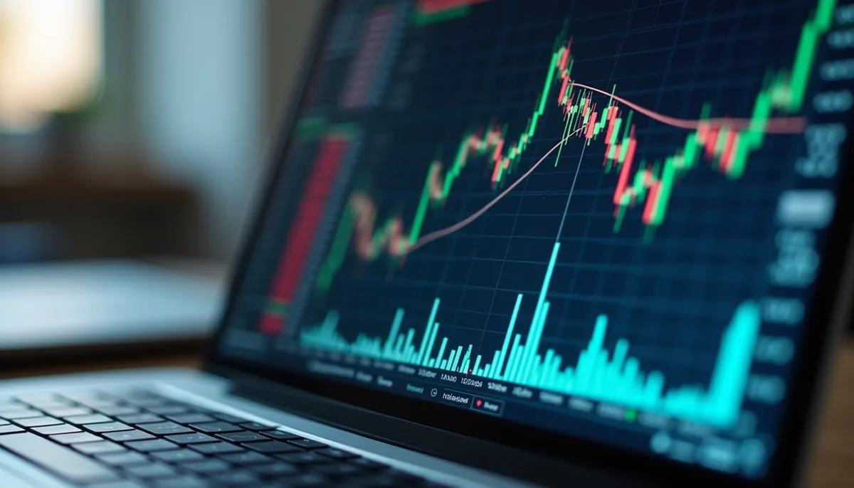 Close-up view of a laptop screen displaying financial graphs and charts
