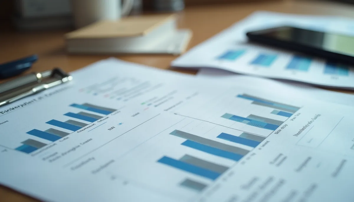 Eye-level view of a financial report with graphs and charts for review by FiscalFusion