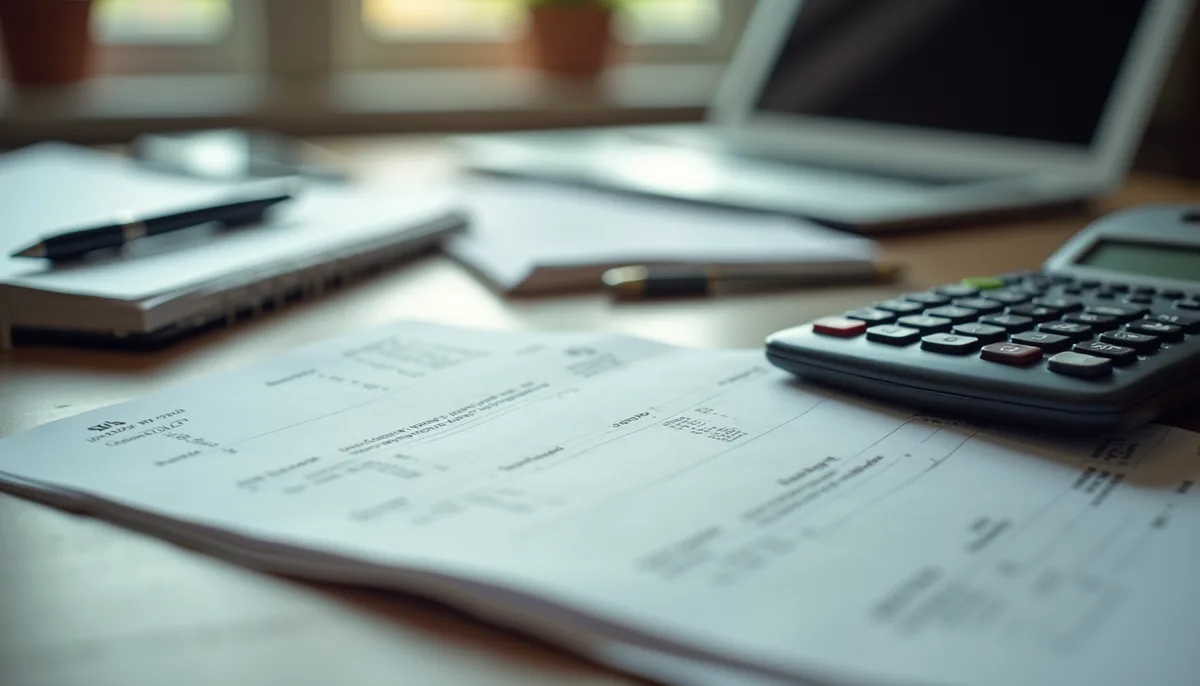 Close-up view of a cluttered desk with receipts, calculator, and notebook. FiscalFusion Accounting Solutions professional needed for clean up