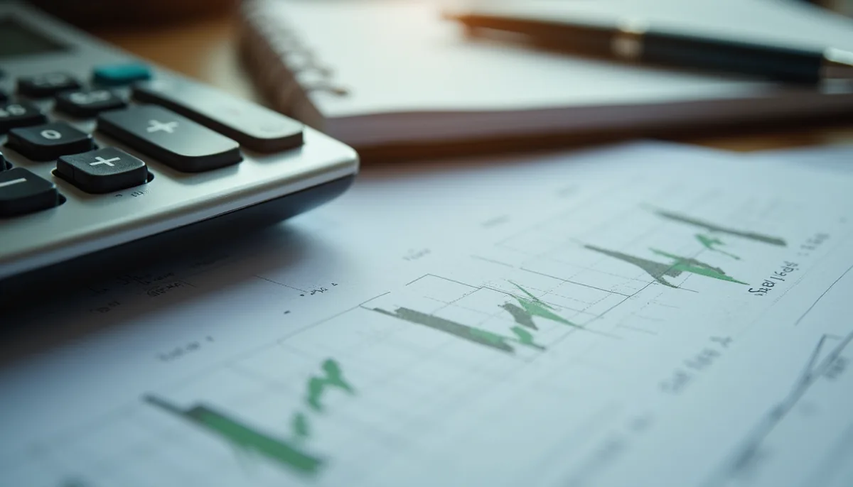 Close-up view of a desk with a calculator, notebook, and financial documents