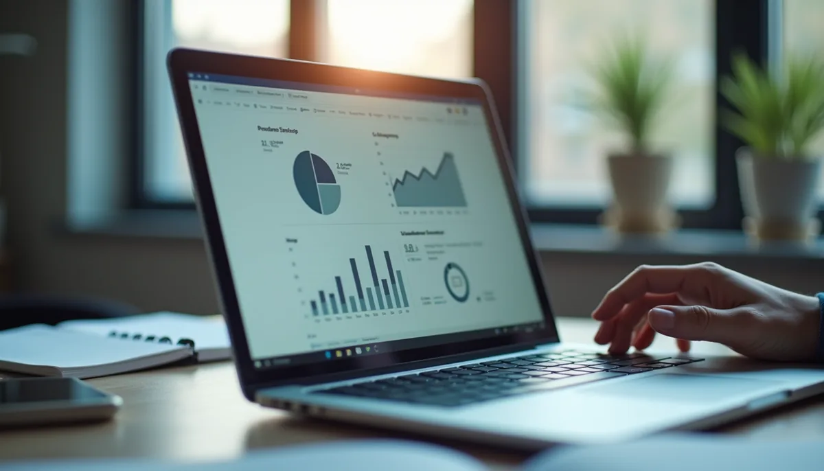 Eye-level view of a laptop displaying financial software dashboard