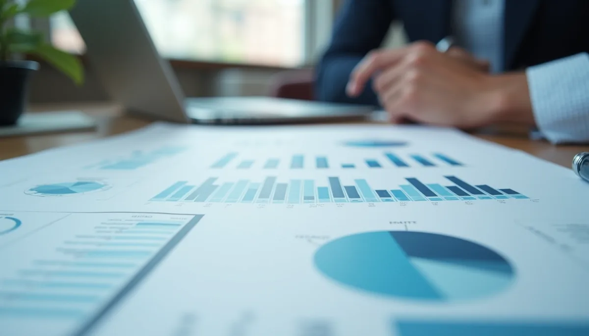 Close-up view of a financial report with charts and graphs on a desk