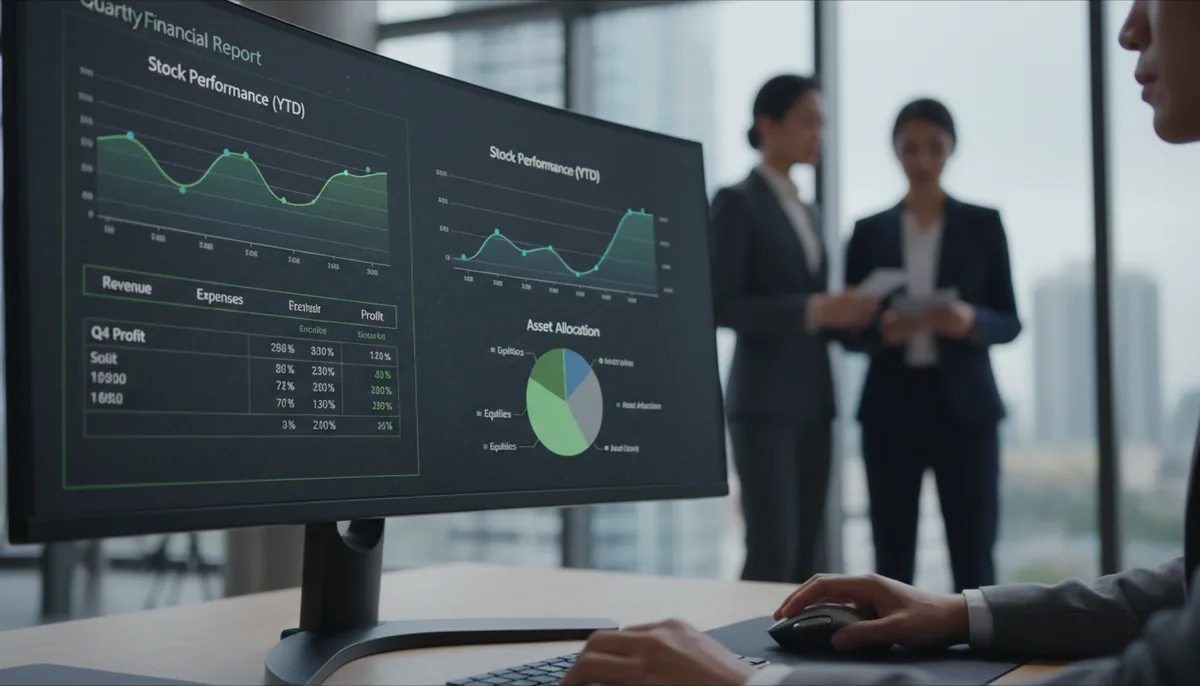 Close-up view of a computer screen showing financial reports and graphs