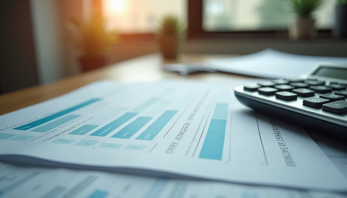 Eye-level view of a neat office desk with financial documents and a calculator