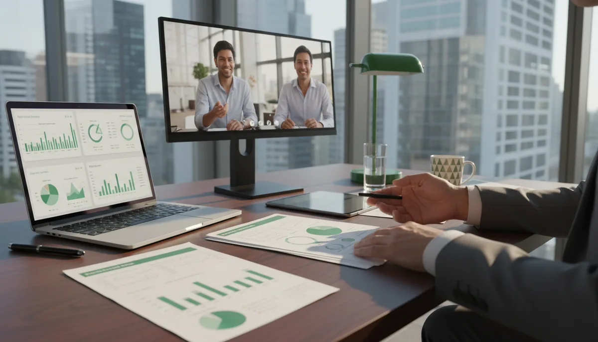 Eye-level view of a modern office desk with financial reports and a laptop