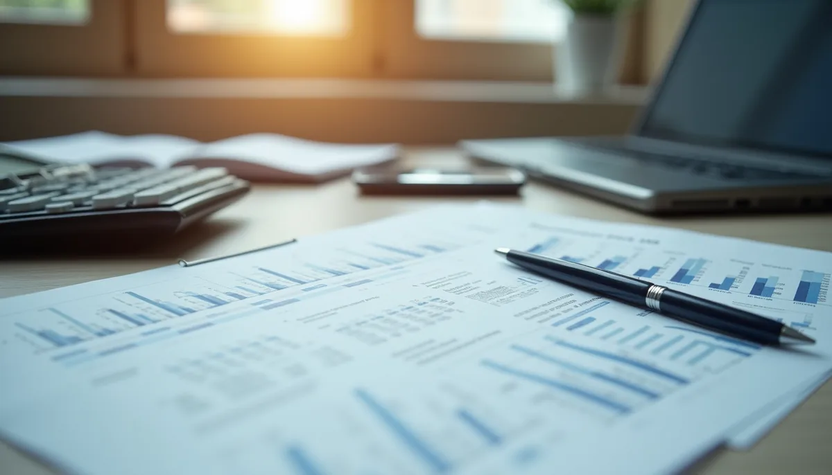 Eye-level view of a neat desk with financial documents and a calculator