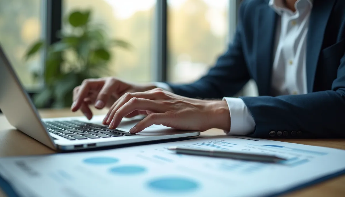 Close-up view of a business owner reviewing financial documents with a laptop