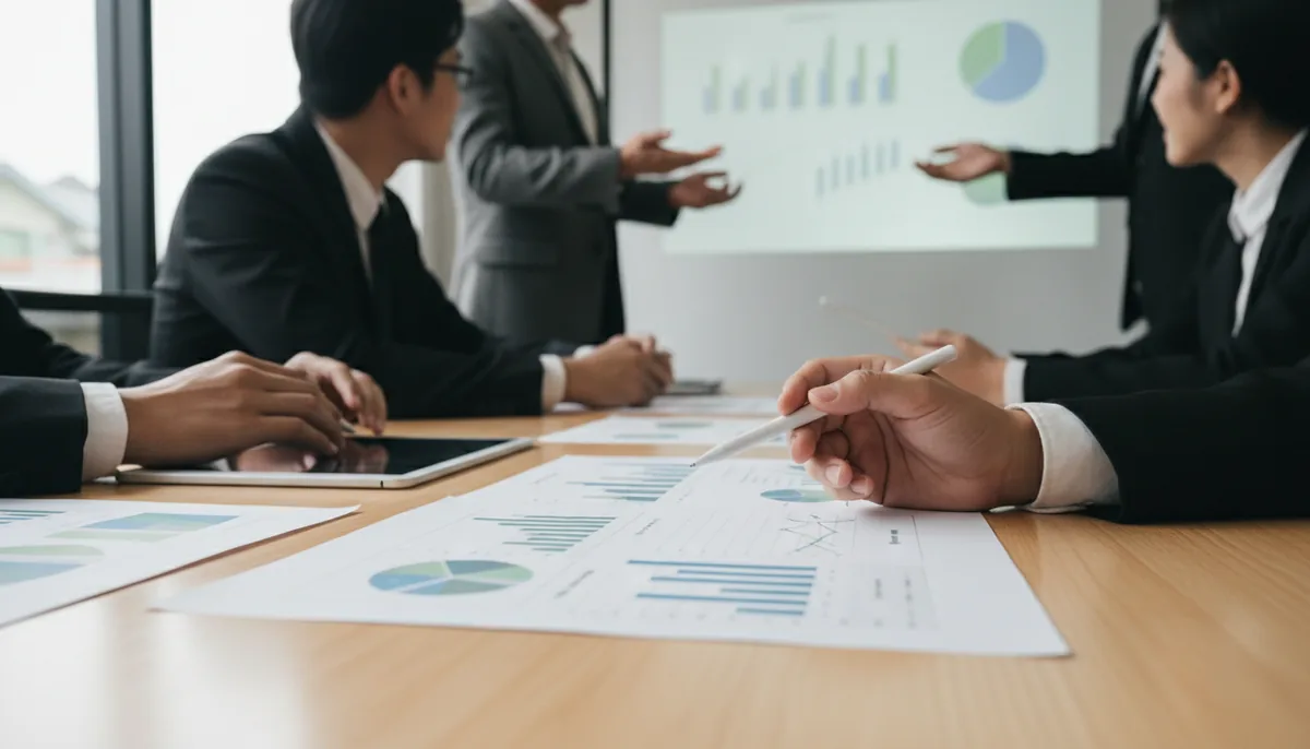 Close-up view of a financial report with charts and graphs on a desk