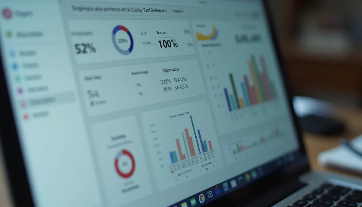 Eye-level view of a laptop displaying financial charts and graphs
