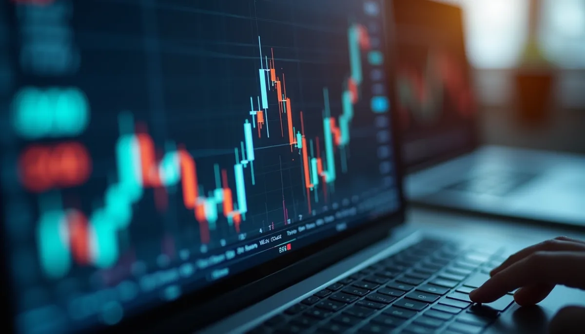 Close-up of a computer screen showing financial graphs and charts