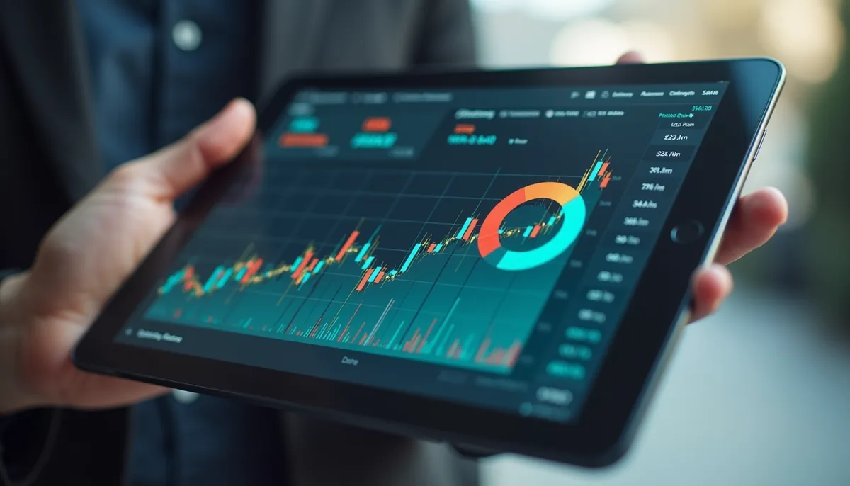 Close-up view of a digital tablet displaying financial graphs and charts