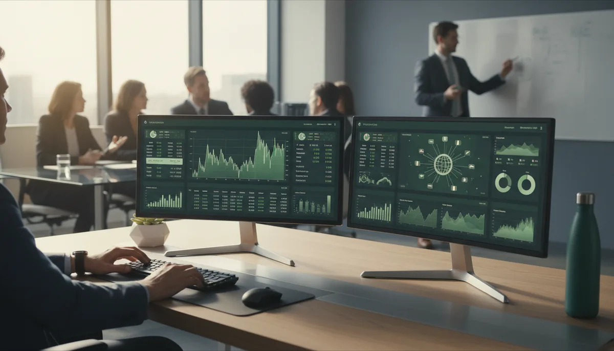 Eye-level view of a modern office desk with dual monitors displaying financial dashboards