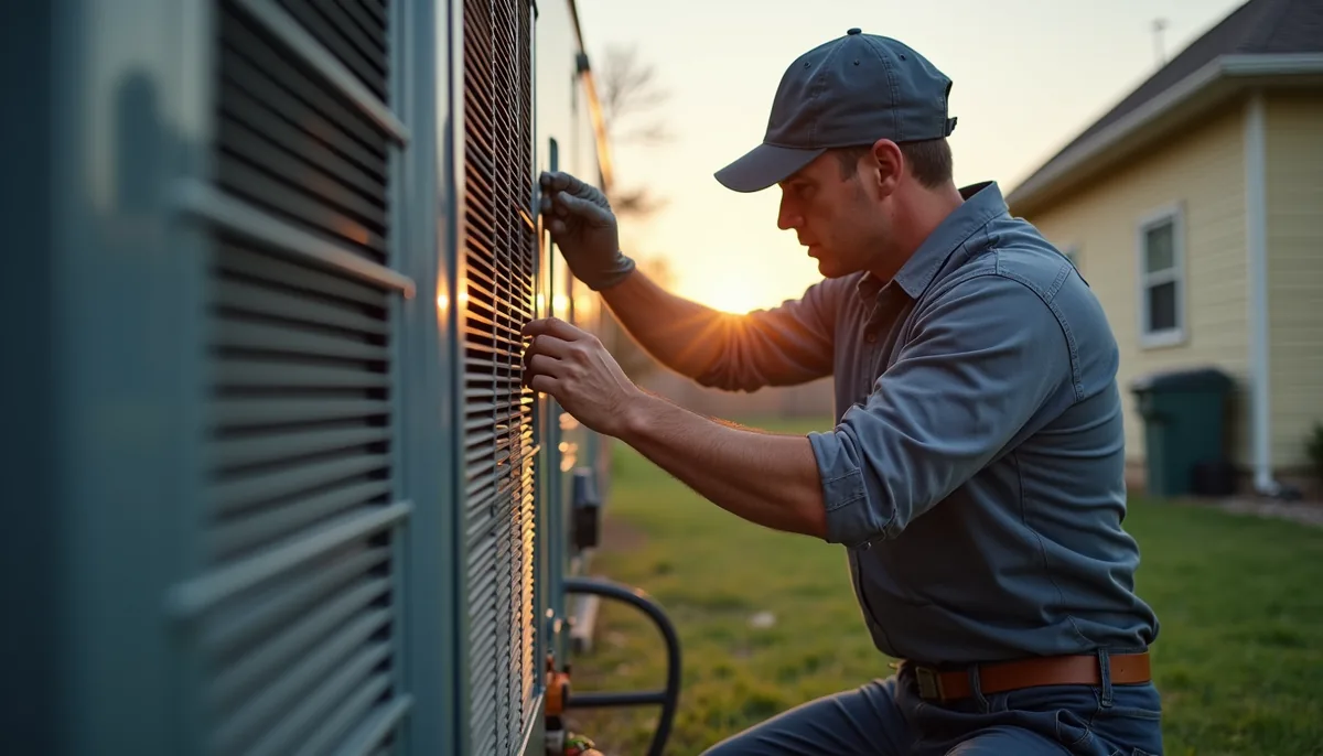 Eye-level view of HVAC technician working on residential air conditioning unit in Dallas Fort Worth