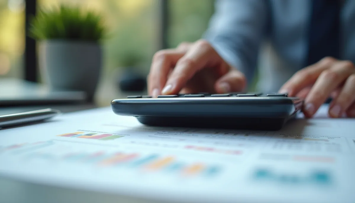 Eye-level view of a small business owner reviewing financial documents with a calculator. FiscalFusion can support small business owners in making the most of their financials.
