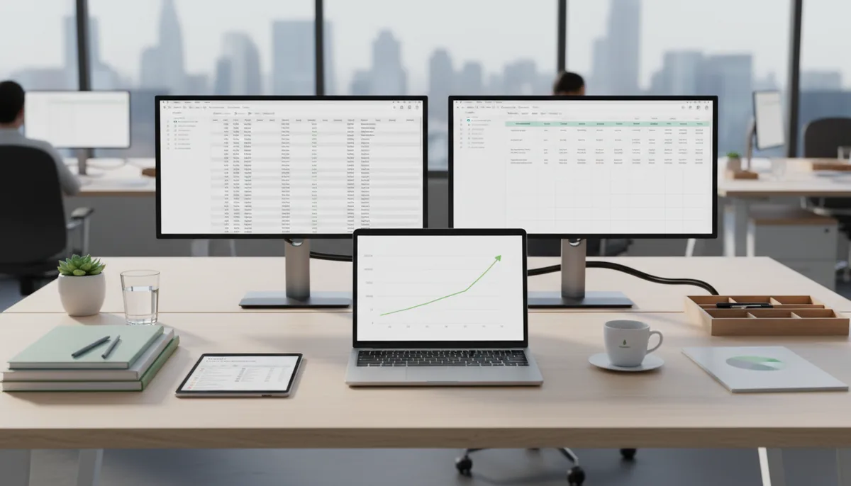Eye-level view of a modern office desk with financial reports and a laptop