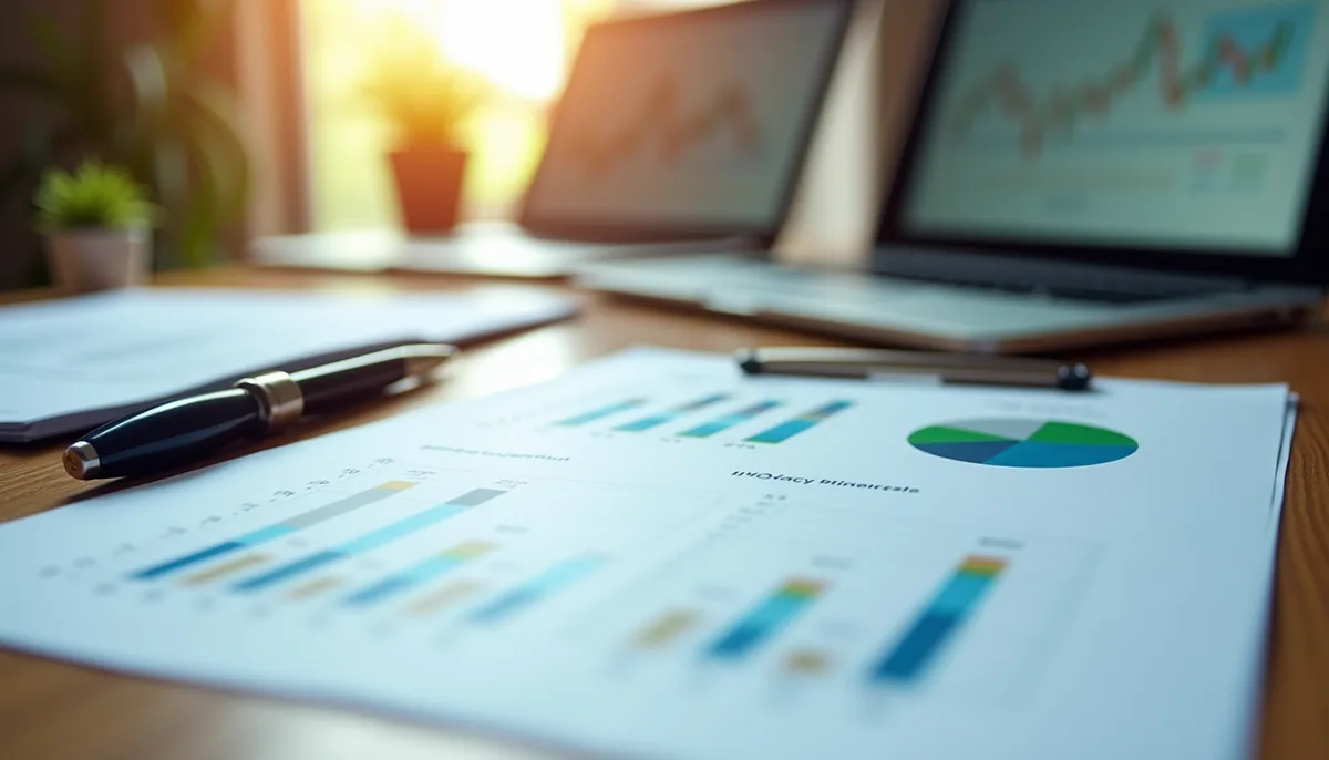 Close-up of a fiscal fusion financial report with charts and graphs on a wooden table