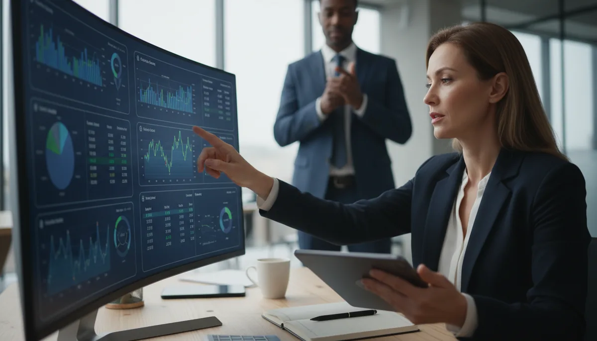 Close-up view of a financial analyst reviewing digital financial dashboards