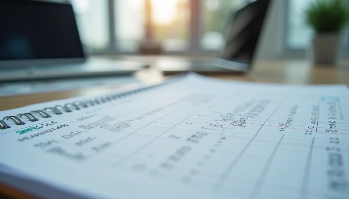 Close-up view of a neatly organized ledger with financial entries