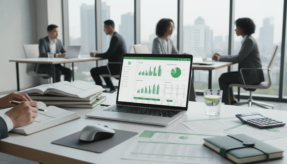 Eye-level view of a modern office desk with accounting documents and a laptop