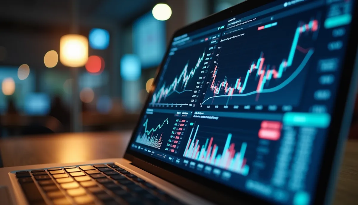 Eye-level view of a laptop displaying financial graphs and charts